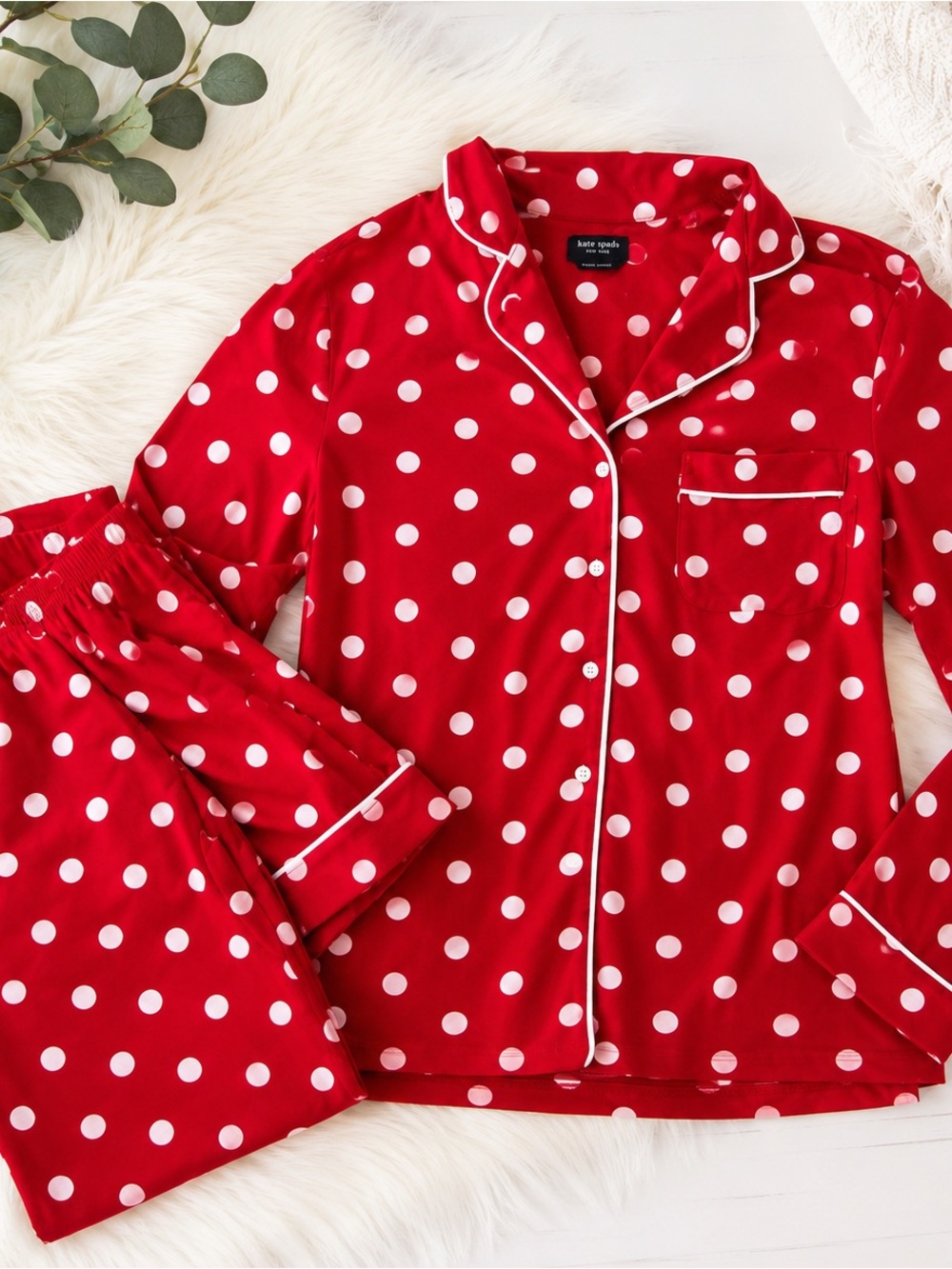 Kate Spade 2-Piece Sleepwear Long-Sleeve Top and Pajama Pants Set Red & White S